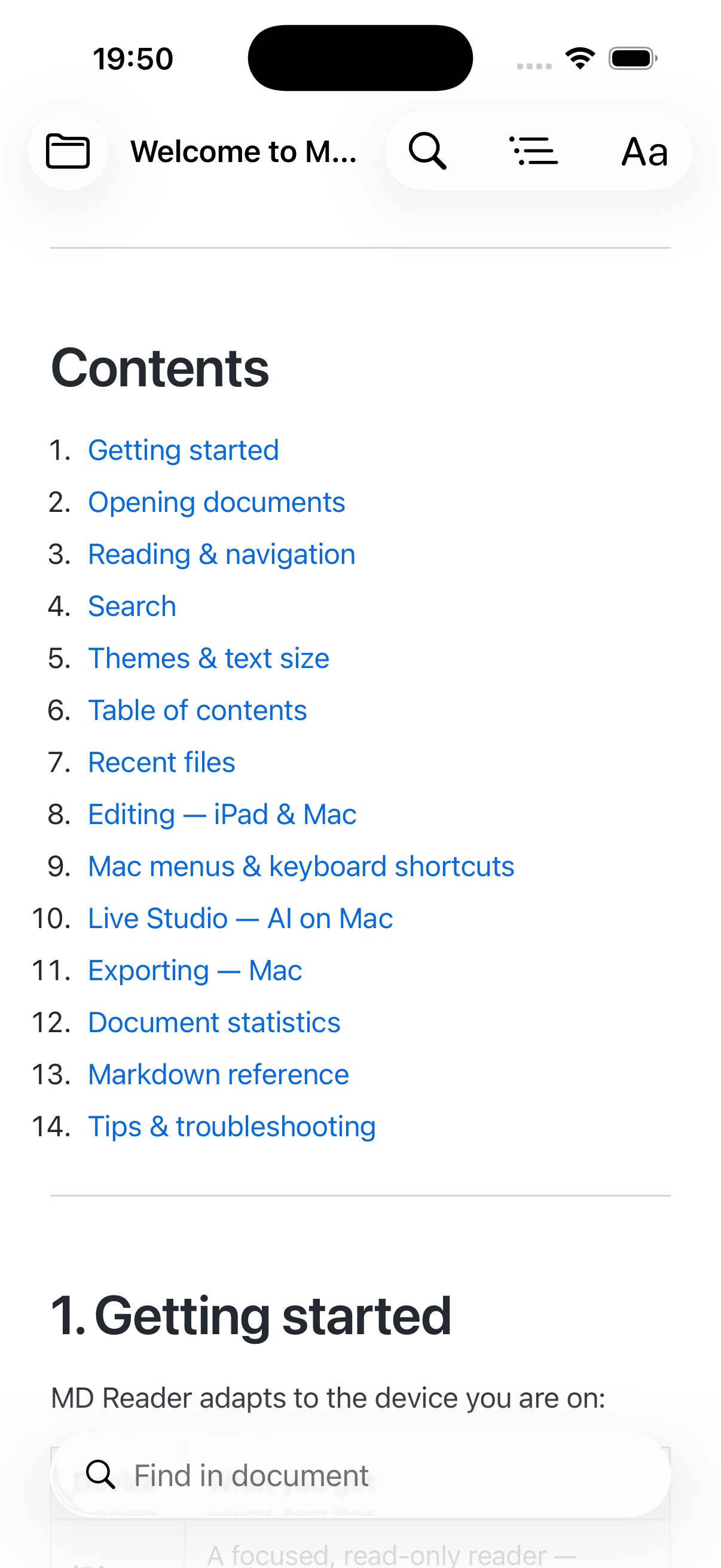 The navigable table of contents in MD Reader on iPhone
