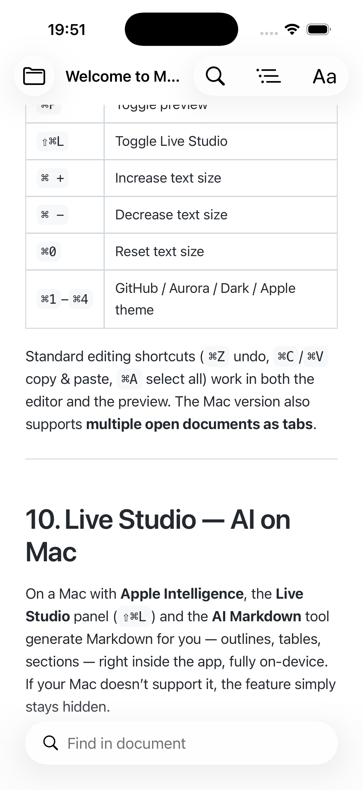 A shortcuts table rendered in MD Reader on iPhone