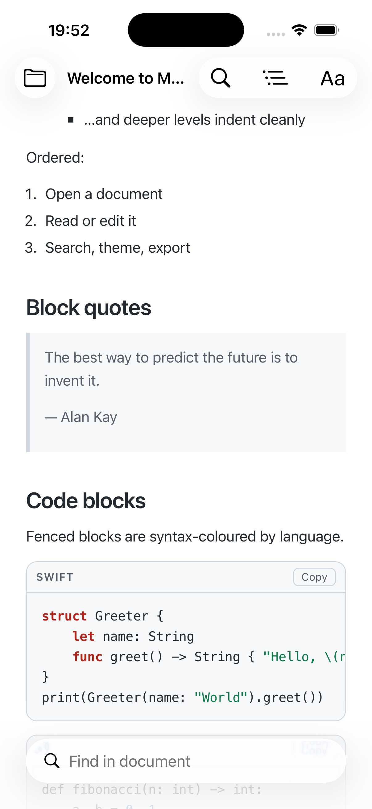 Syntax-highlighted code blocks in MD Reader on iPhone