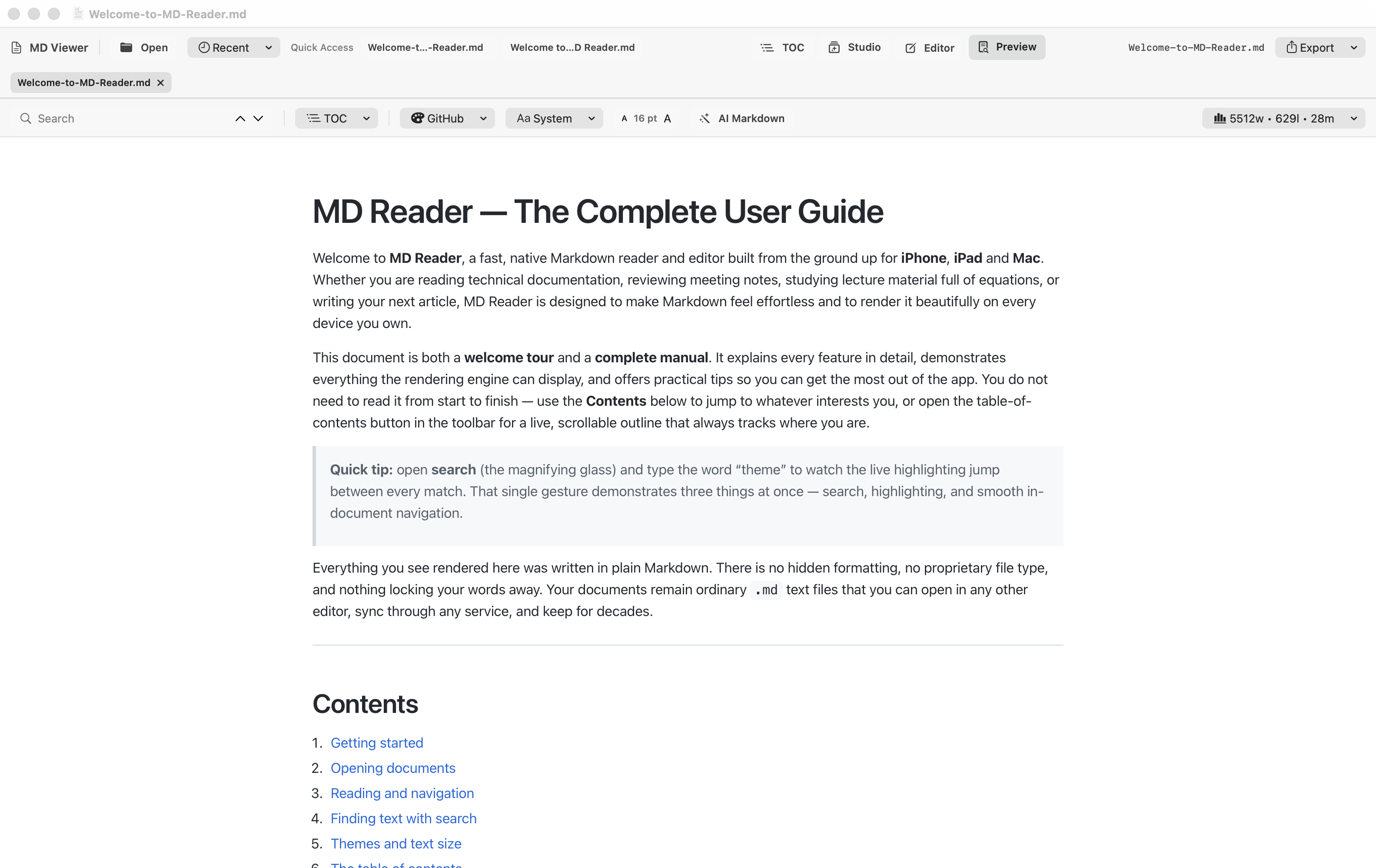 MD Reader en Mac mostrando un documento Markdown con tabla de contenidos