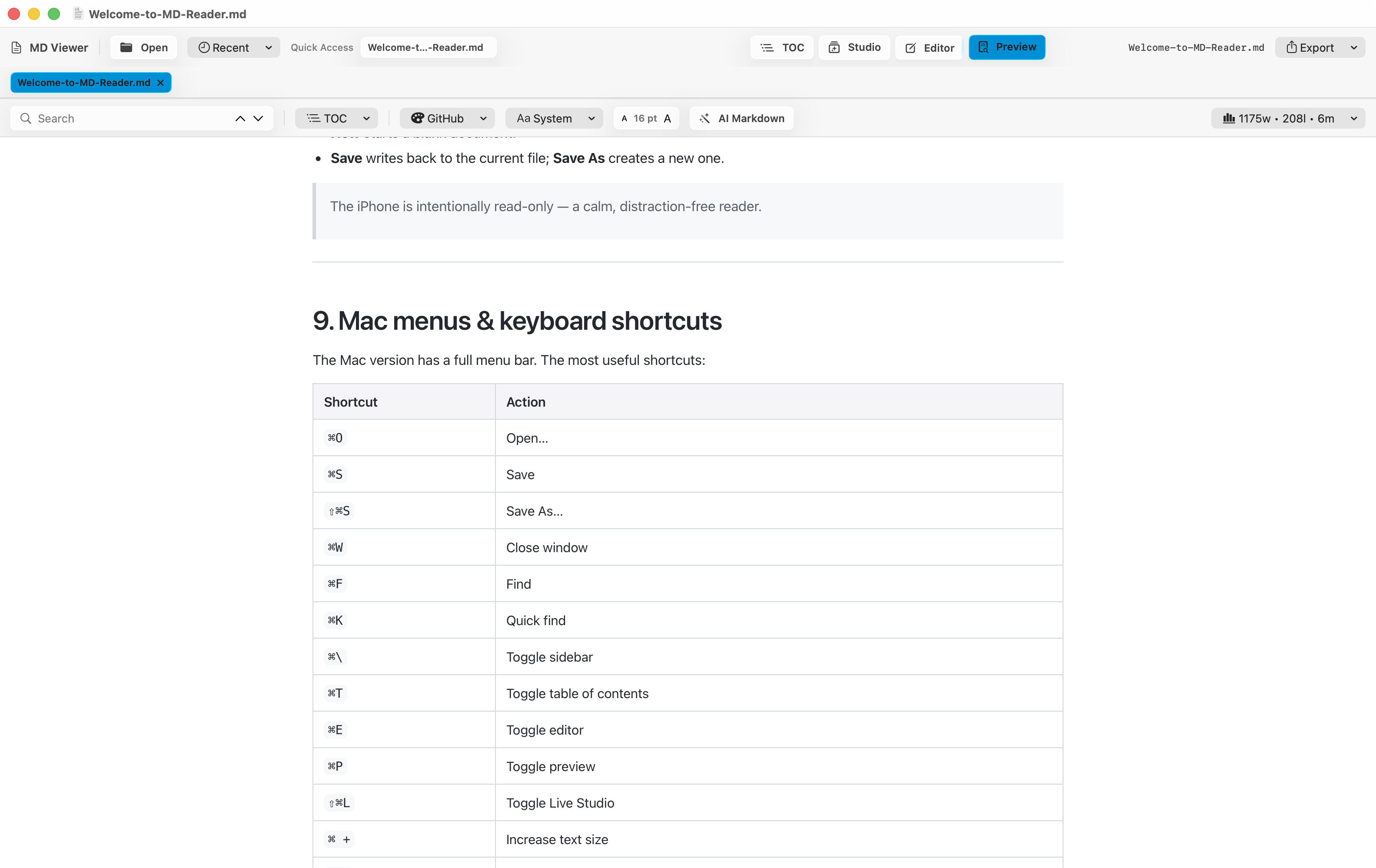 MD Reader mostrando una tabla y contenidos renderizados en Mac