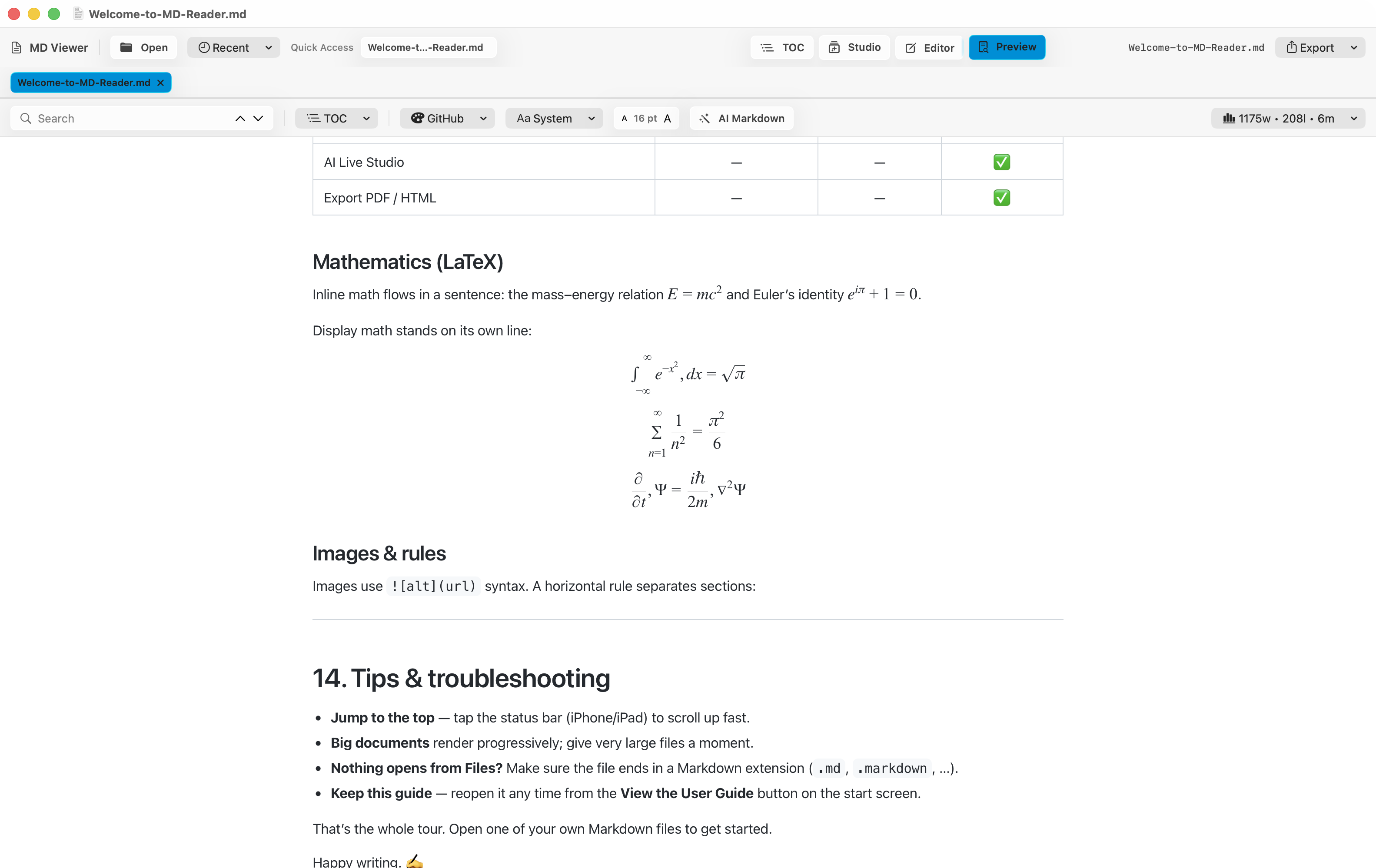 Ecuaciones LaTeX renderizadas con KaTeX en MD Reader