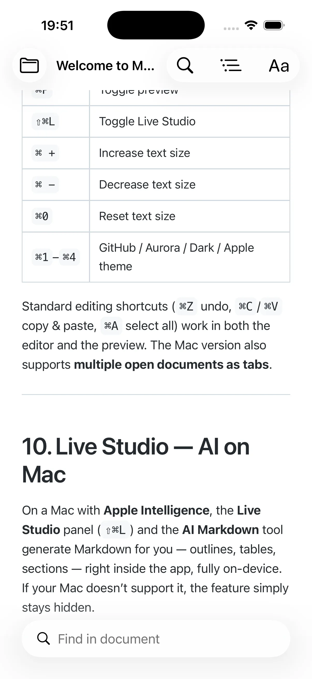 A shortcuts table rendered in MD Reader on iPhone