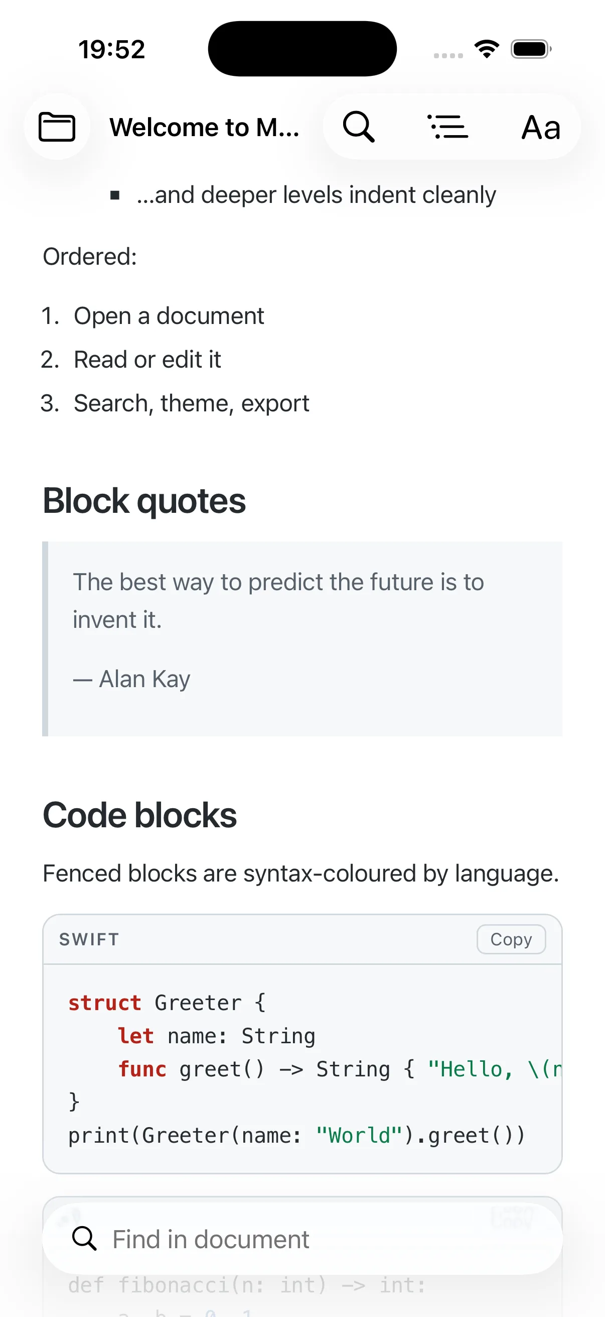 Syntax-highlighted code blocks in MD Reader on iPhone