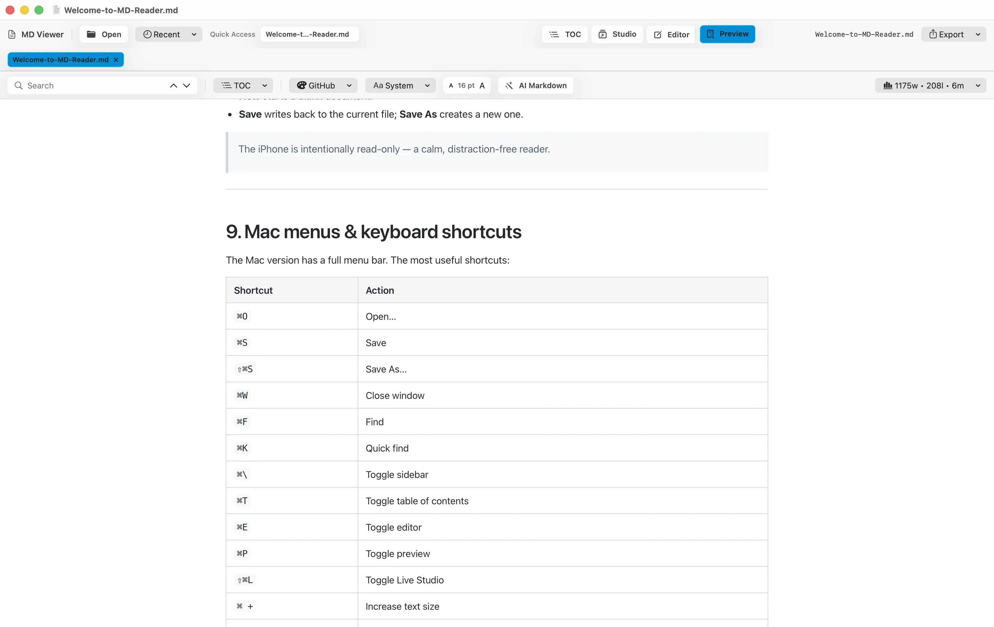 MD Reader showing a rendered table and contents on Mac