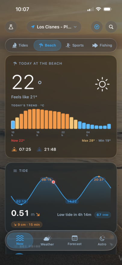 Beach profile: temperature, hourly evolution and current tide