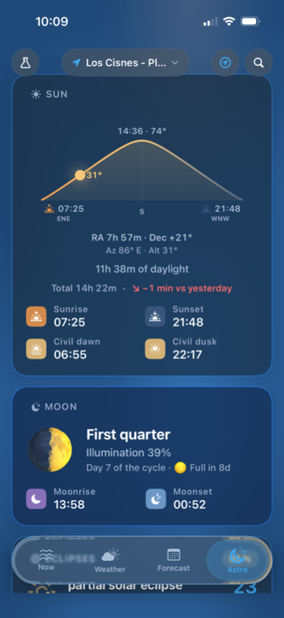 Astro tab: solar arc with daylight hours and waxing moon