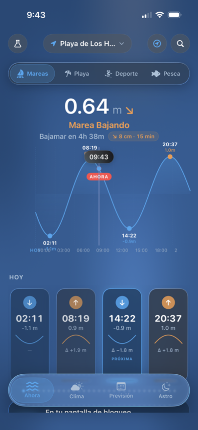 Mareas Pro: curva de marea del día con altura actual 0,64 m bajando y próximos eventos