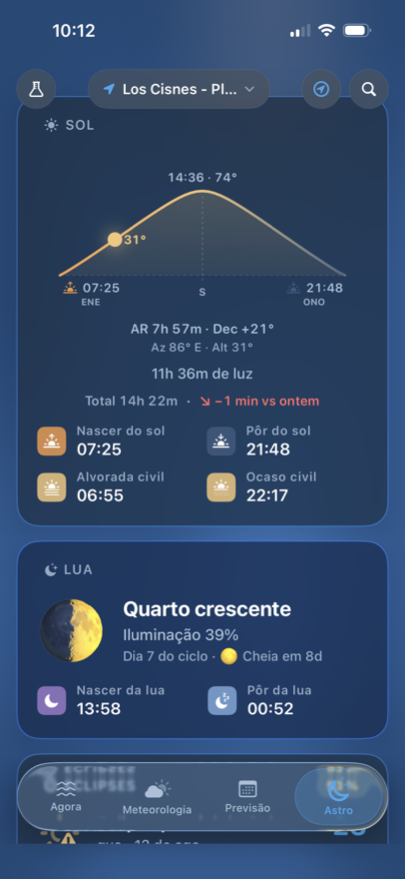 Separador Astro: arco solar com as horas de luz e lua em quarto crescente