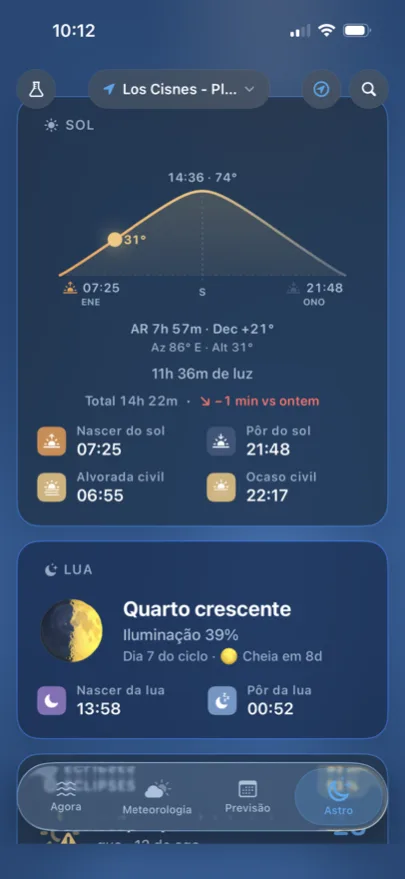 Separador Astro: arco solar com as horas de luz e lua em quarto crescente