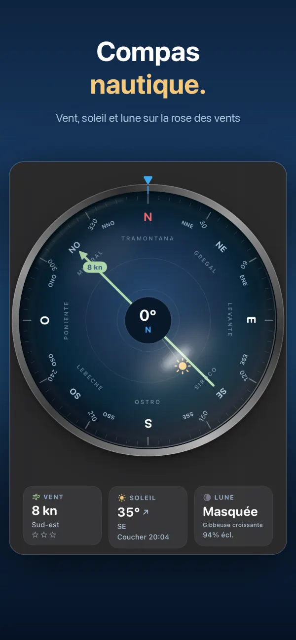 Compas nautique : vent, soleil et lune sur la rose des vents