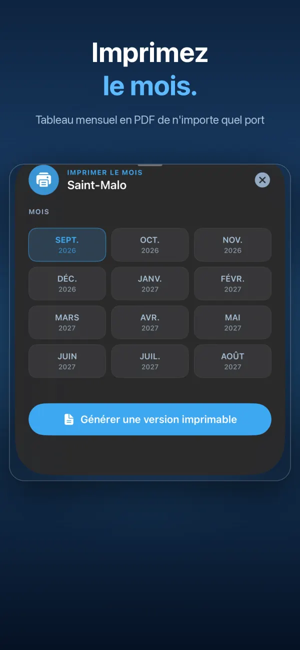 Imprimez le mois : tableau mensuel en PDF de n’importe quel port