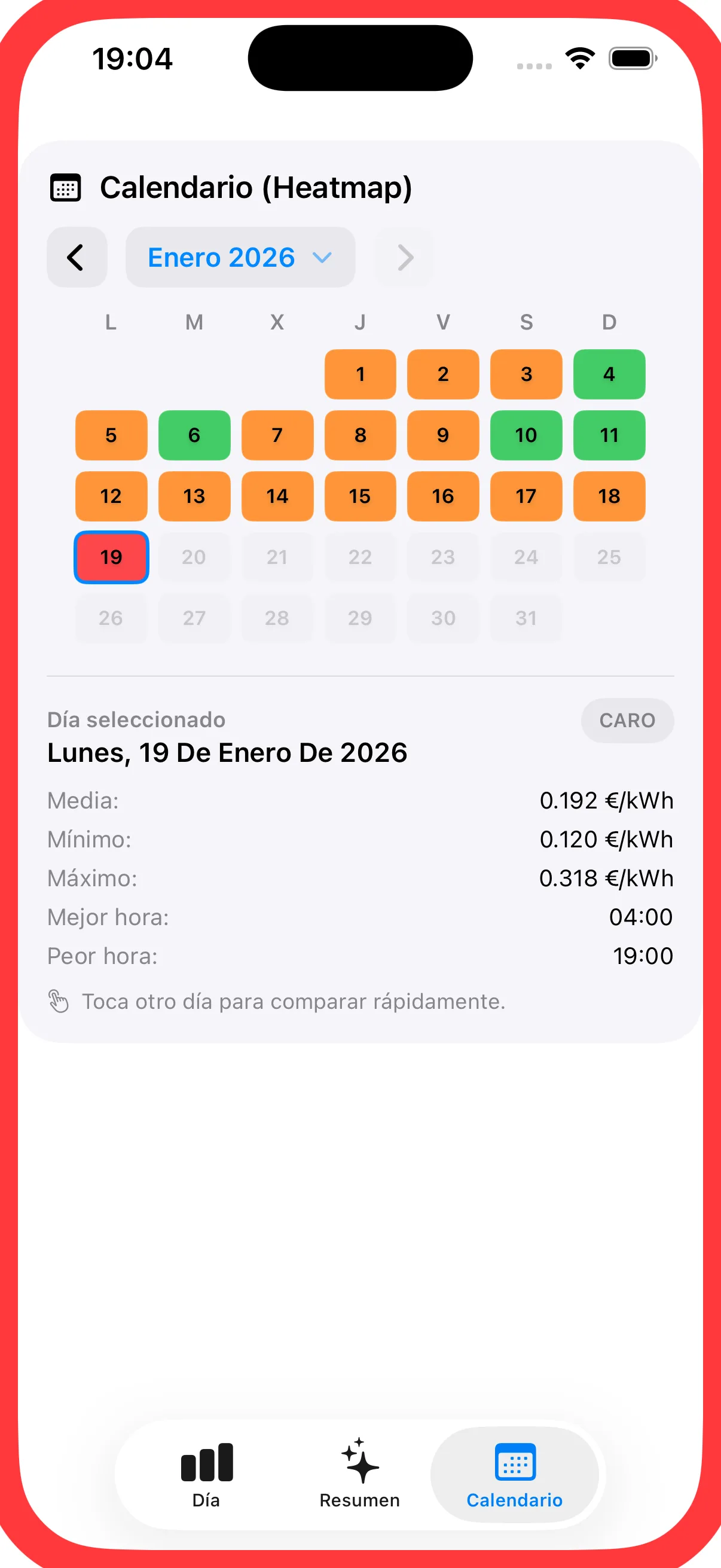 Pestaña Calendario con cada día coloreado según su precio medio