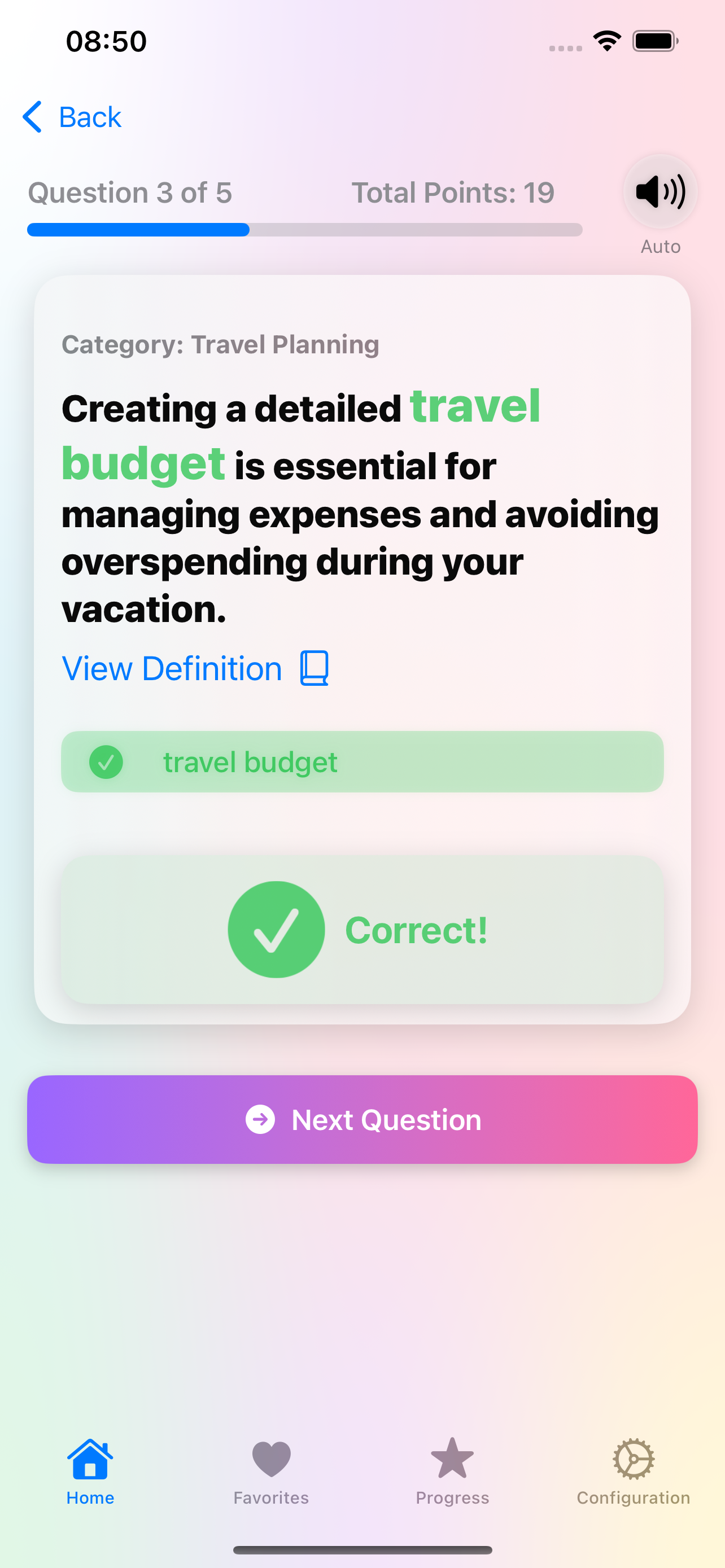 Captura de pantalla del detalle del juego del quiz con opción correcta y puntuación